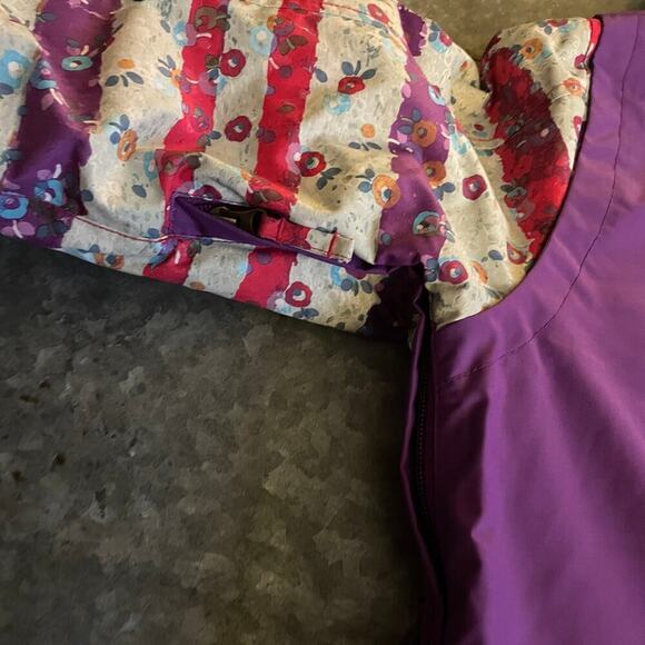 Roxy Girls 10K Hooded Insulated Ski Snow Jacket XL 16 Purple White Stripe Floral - Picture 11 of 14